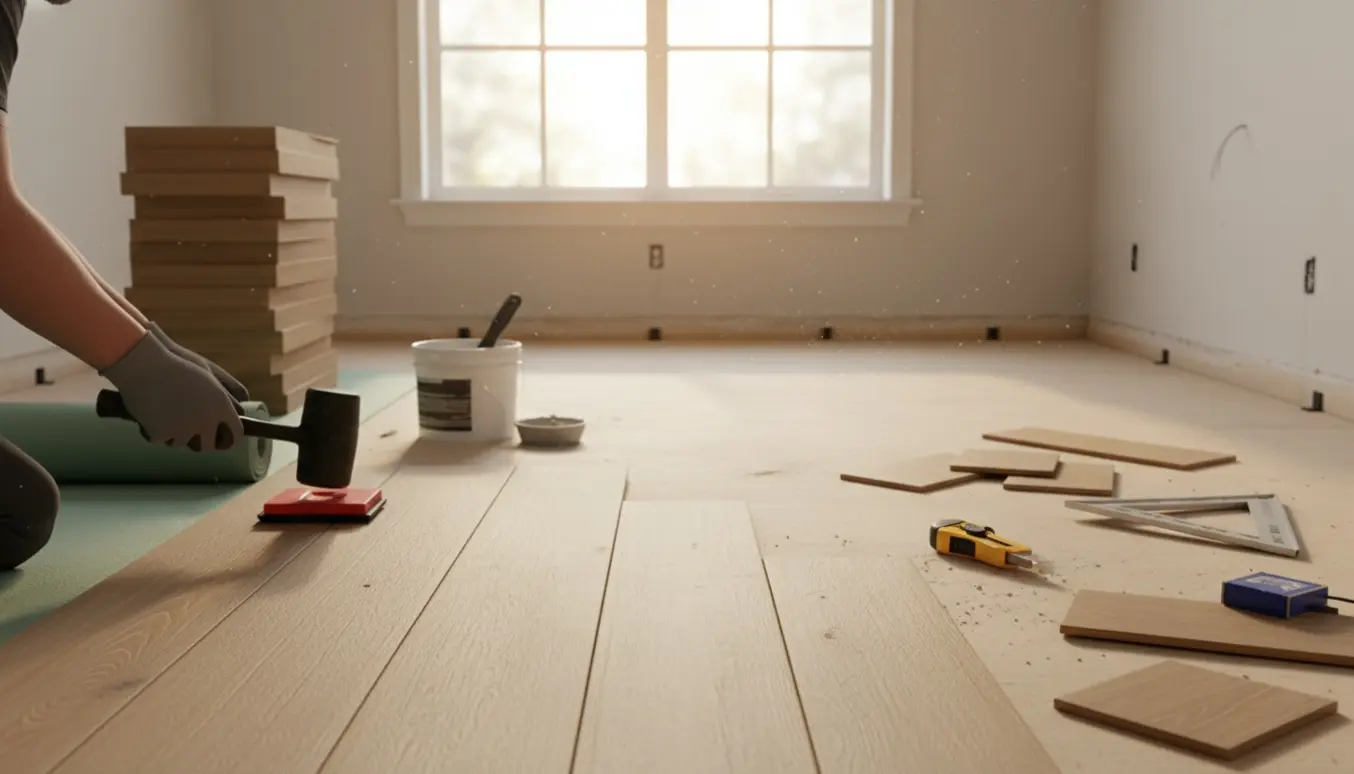 Delvist lagt vinylplankegulv i et solbelyst rum med værktøj og ujævne, skæve vægge synlige.