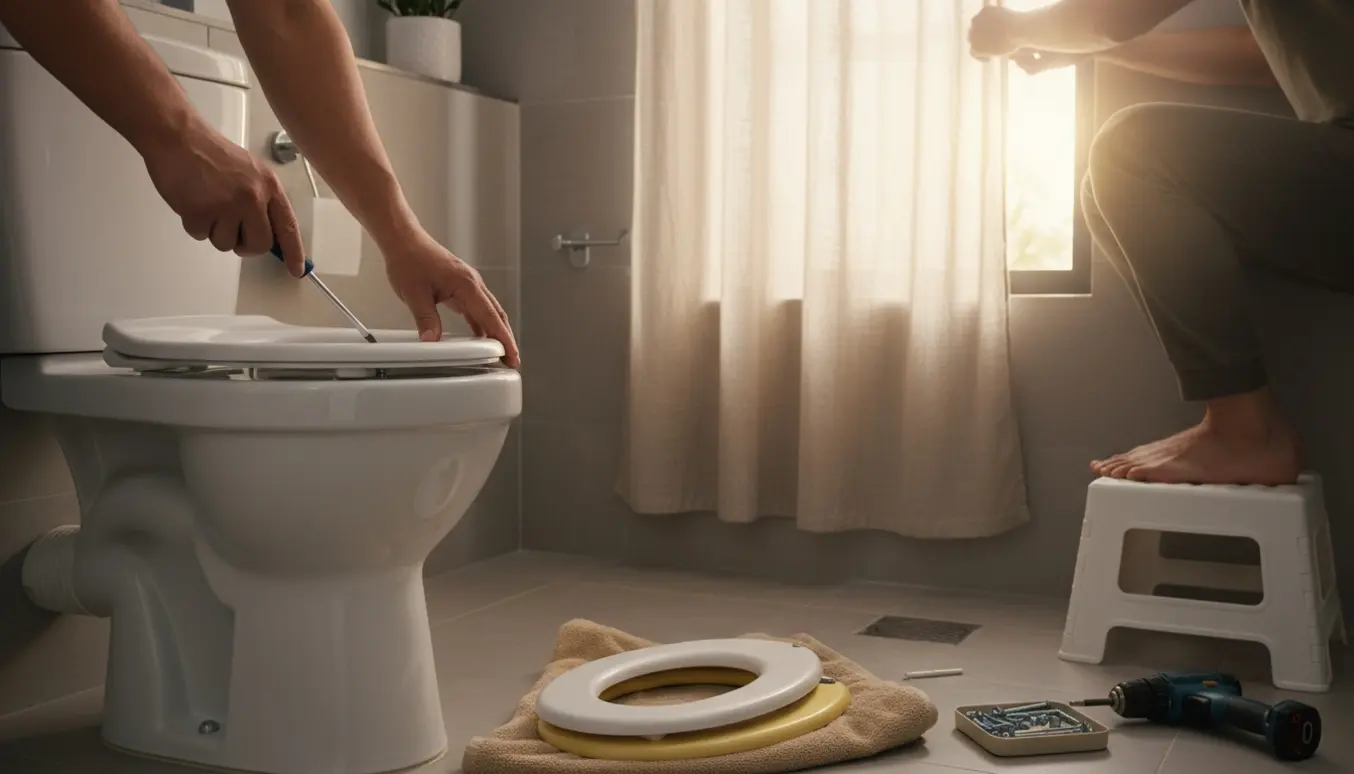 Hænder monterer et nyt toiletbræt og justerer en løs gardinstang ved et solbelyst badeværelsesvindue.