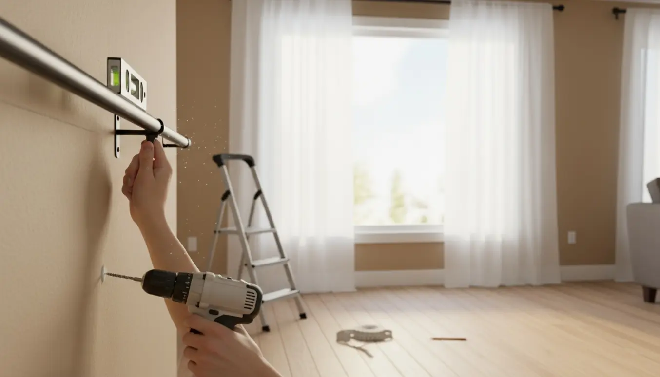 Hænder monterer en gardinstang over et vindue med bor og værktøj i en lys stue.