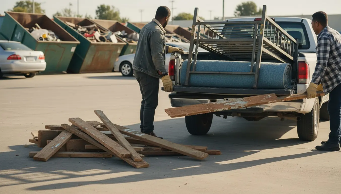 To adskilte senge, et sammenrullet gulvtæppe og træ lastet på en pick-up ved en genbrugsplads.