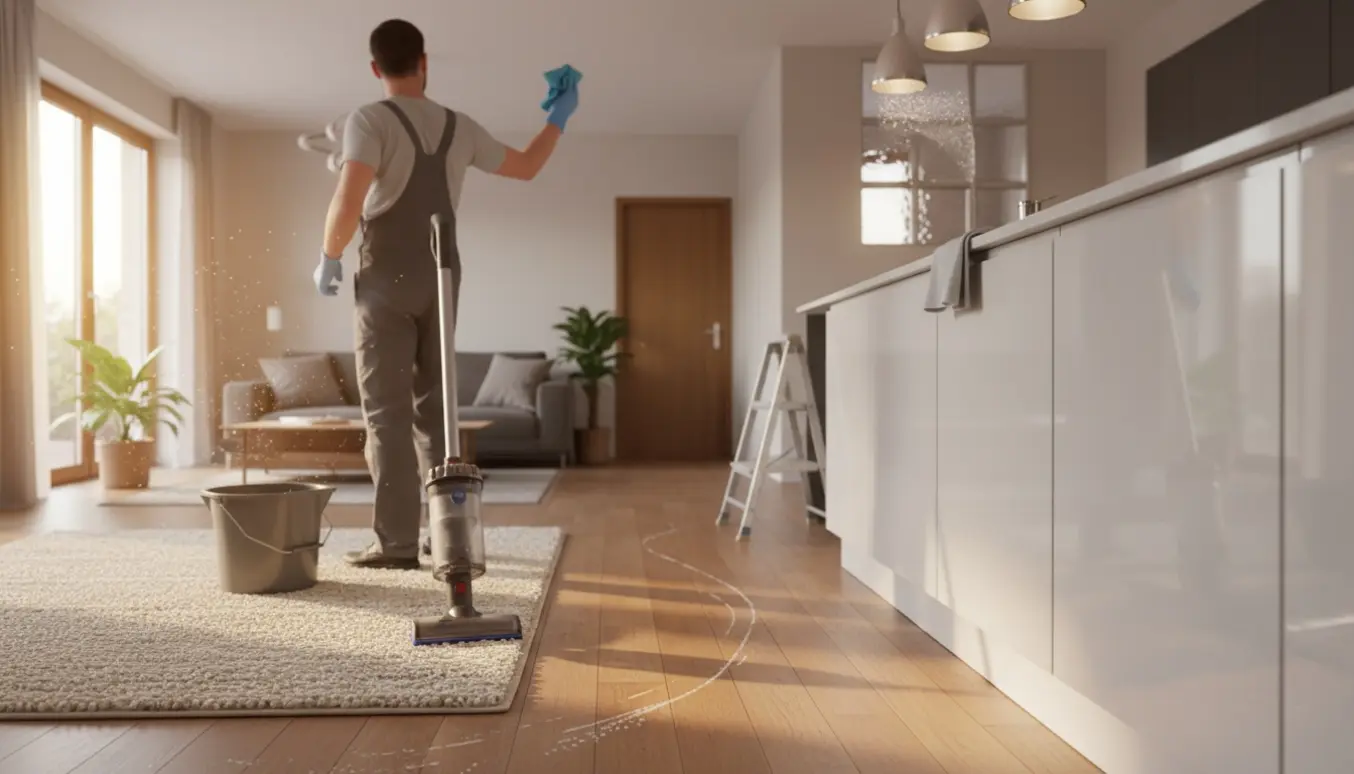 Åben stue og køkken under rengøring med nypudsede skabe, vinduer og gulv.