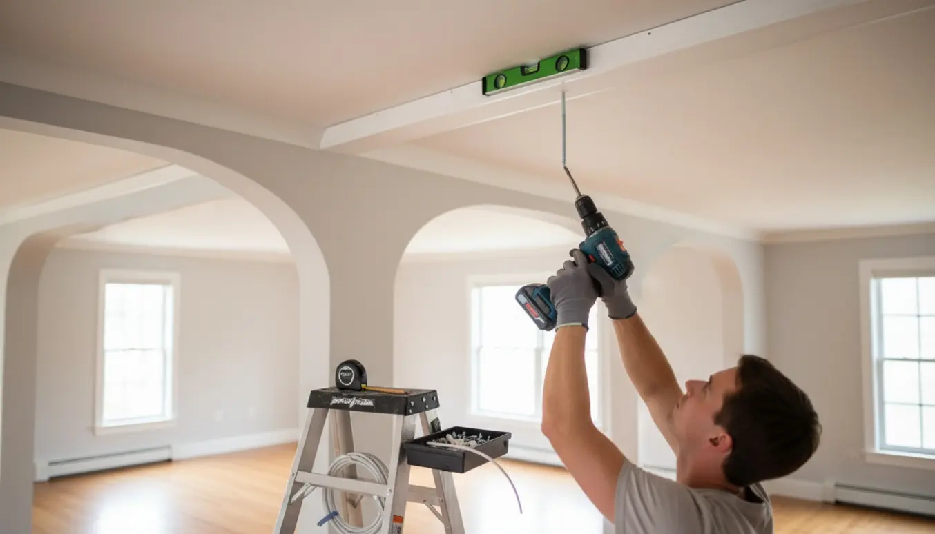 Hænder skrue en hvid kabelkanal fast i loftet over tre tilstødende rum.