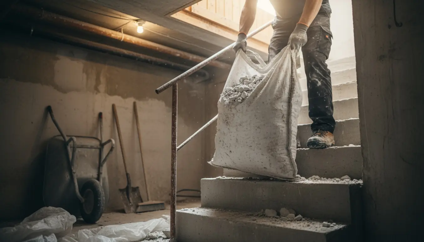 Sæk med pudsaffald bæres op ad en kældertrappe mod dagslys.