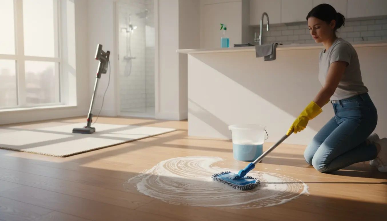 En lys lejlighed under rengøring med en person, gulvmoppe, støvsuger og et skinnende badeværelse i baggrunden.