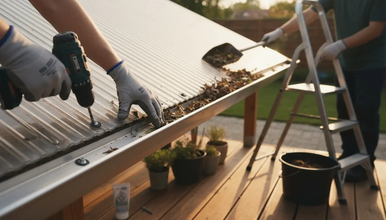Nærbillede af hænder, der renser tagrende og skubber en løs plastplade på plads på en overdækket terrasse.