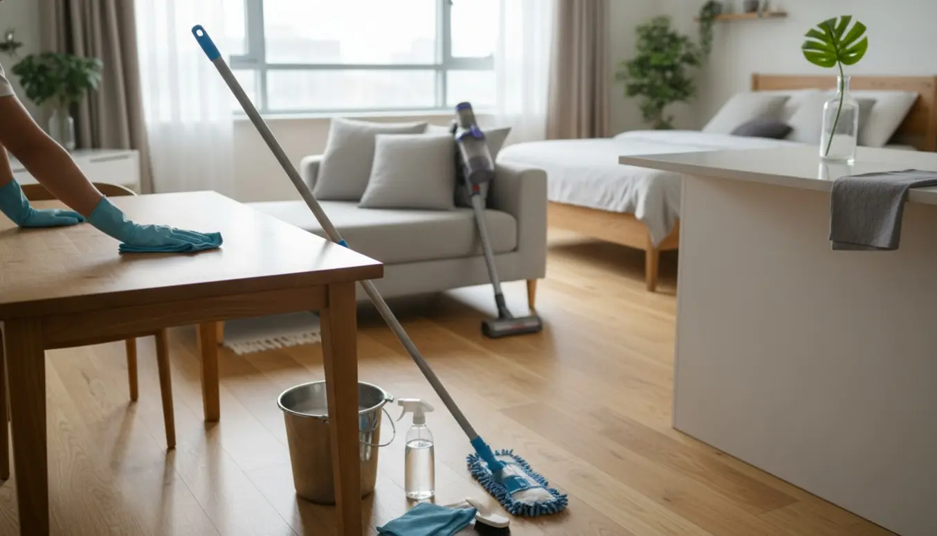 Soloplyst, moderne lejlighed med rengøringsudstyr i forgrunden og handsker, der pudser et bord.