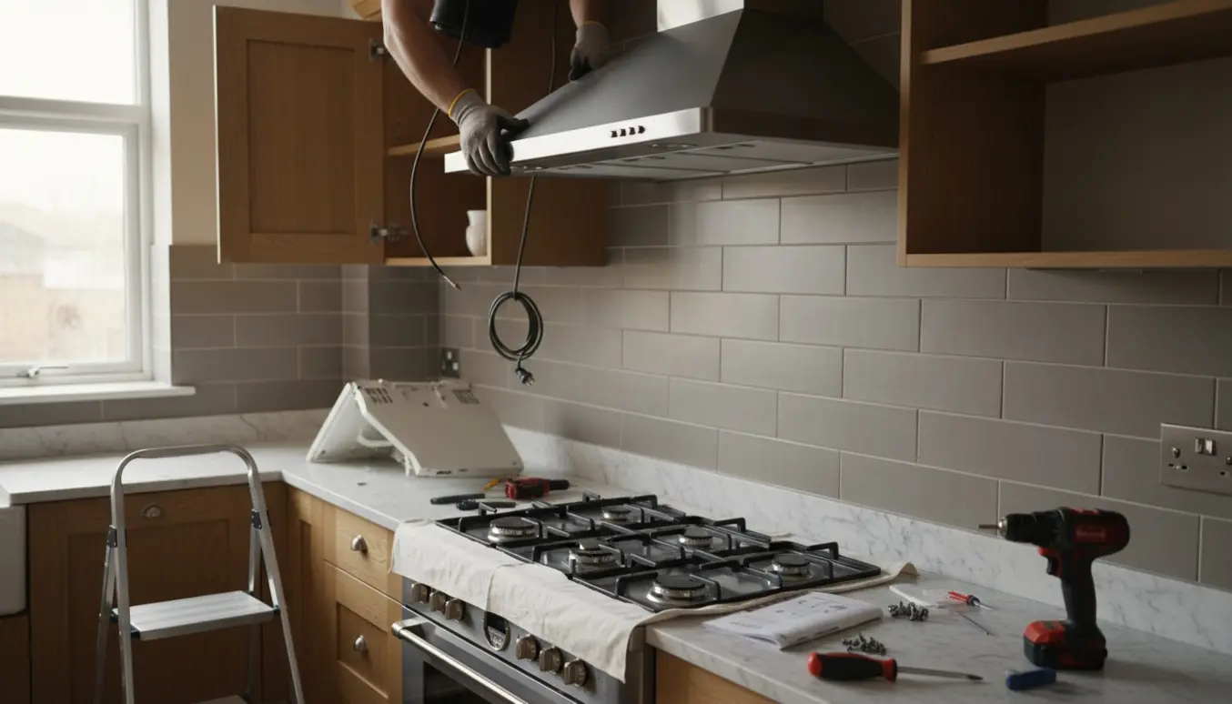 Handskerklædte hænder løfter en ny rustfri emhætte på plads over en kogeplade i et køkken under installation.