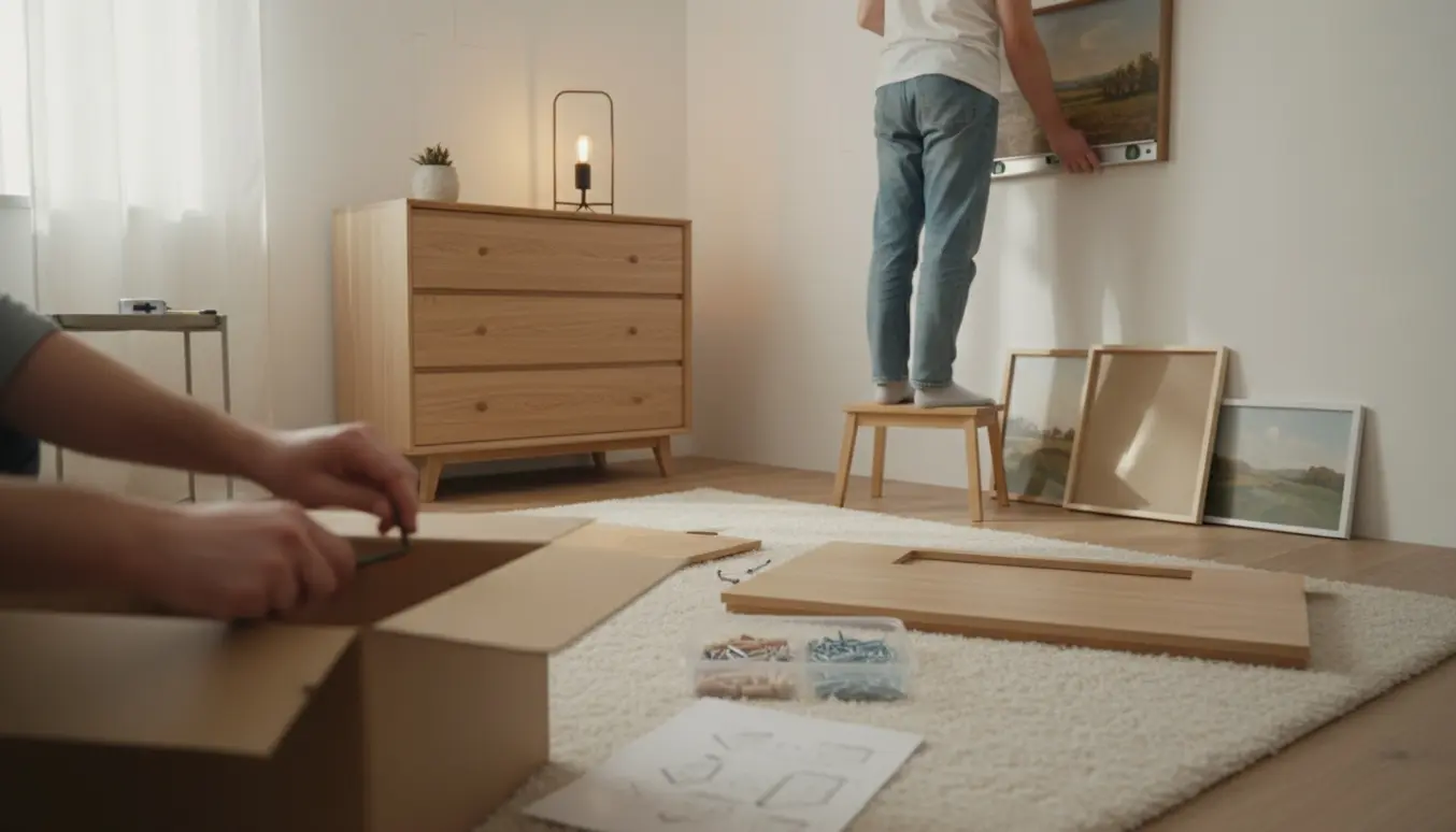 To kommoder under samling i et lyst værelse, hænder hænger malerier på væggen med værktøj og rammer omkring.