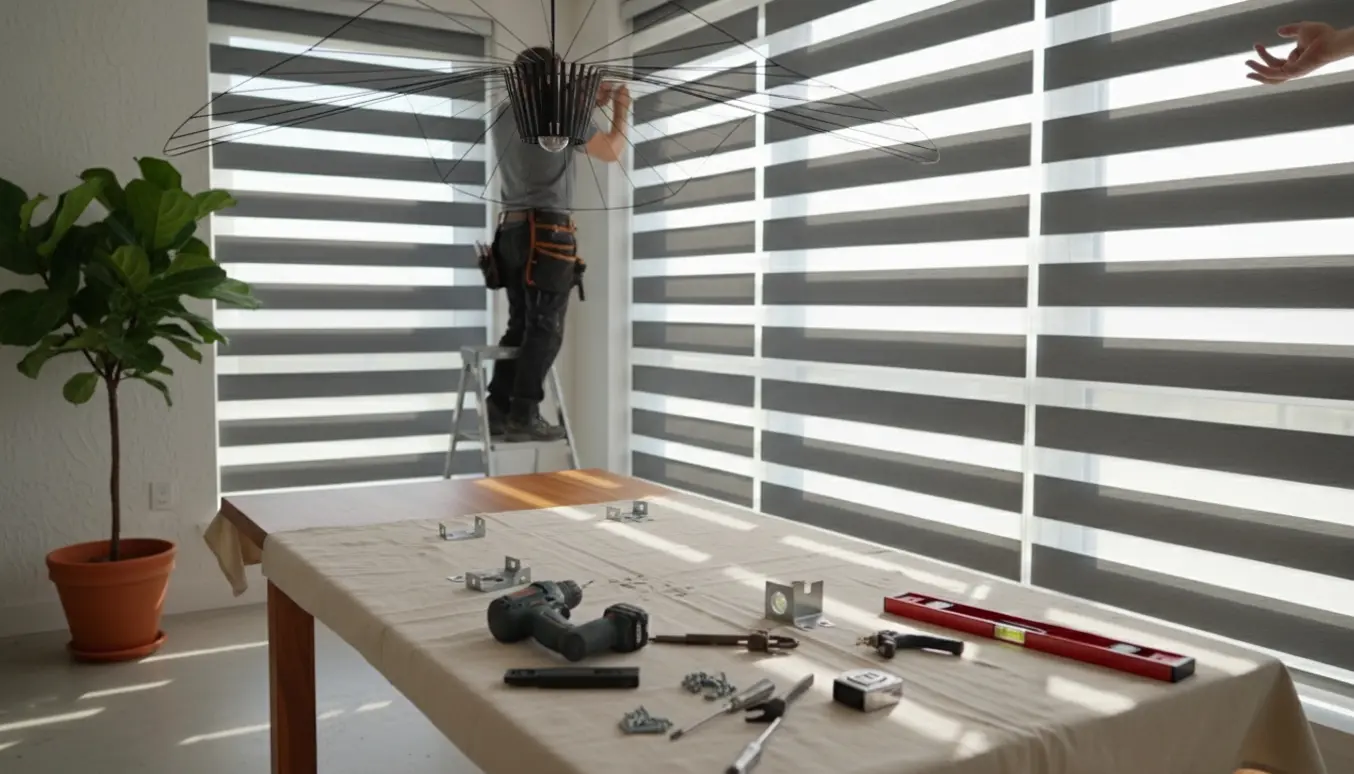 En montør hænger en spisebordslampe over et træbord, mens seks zebra-gardiner monteres i vinduerne.