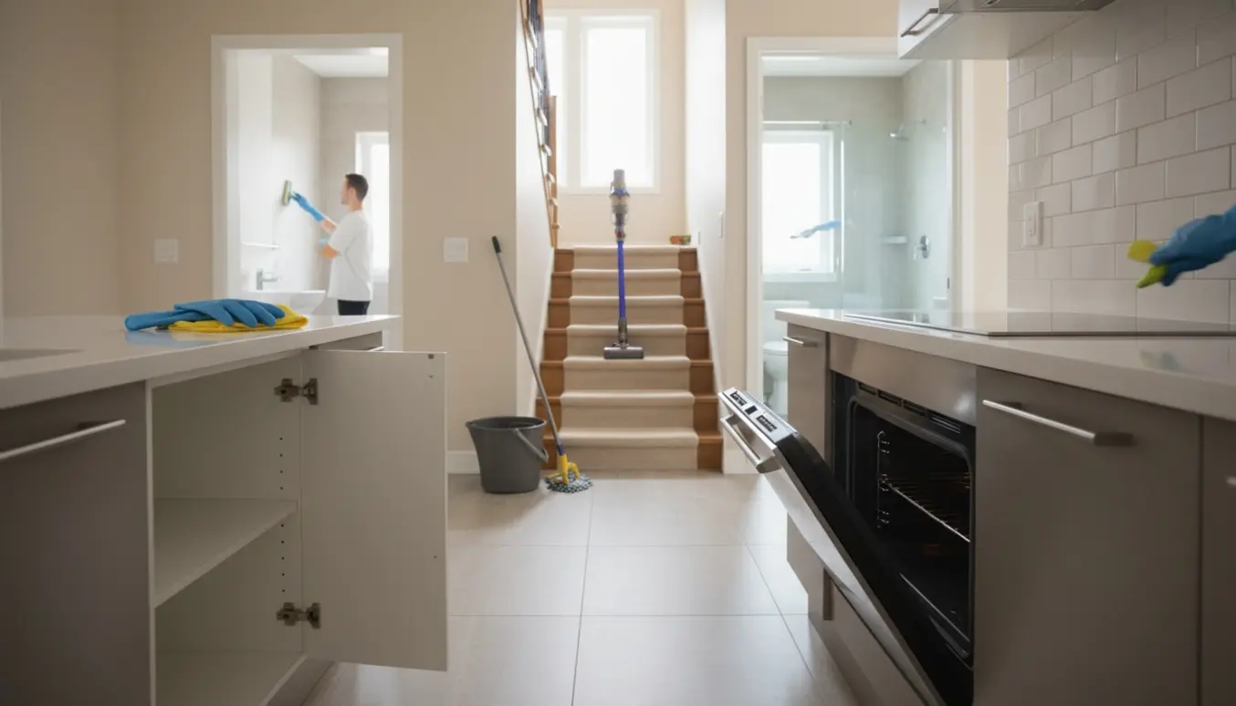 Nypudset køkken og trappe med rengøringsudstyr efter en flytterengøring.