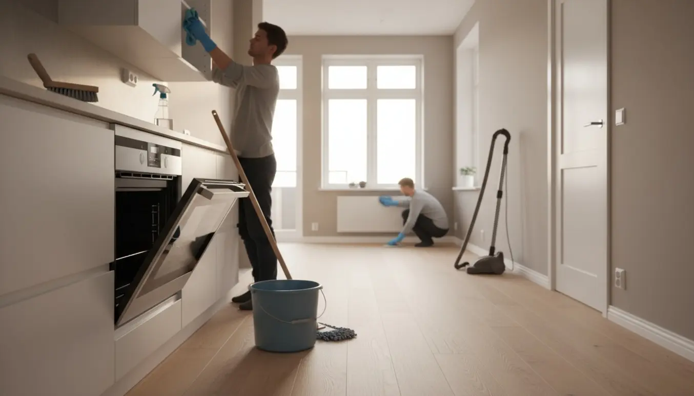 Hænder pudser køkkenbord og åbne skabe i en lys tom lejlighed under fraflytningsrengøring.
