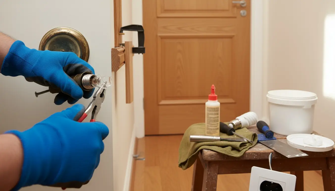 Nærbillede af hænder, der trækker en knækket pære ud af en fatning med løse væglamper, en løs liste på en egetræsdør og værktøj til småreparationer i baggrunden.