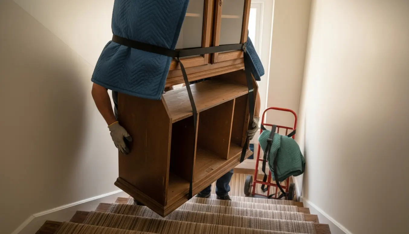 To personer bærer et adskilt chatol ned ad en lys trappe med flyttetæpper og sækkevogn på landingen.