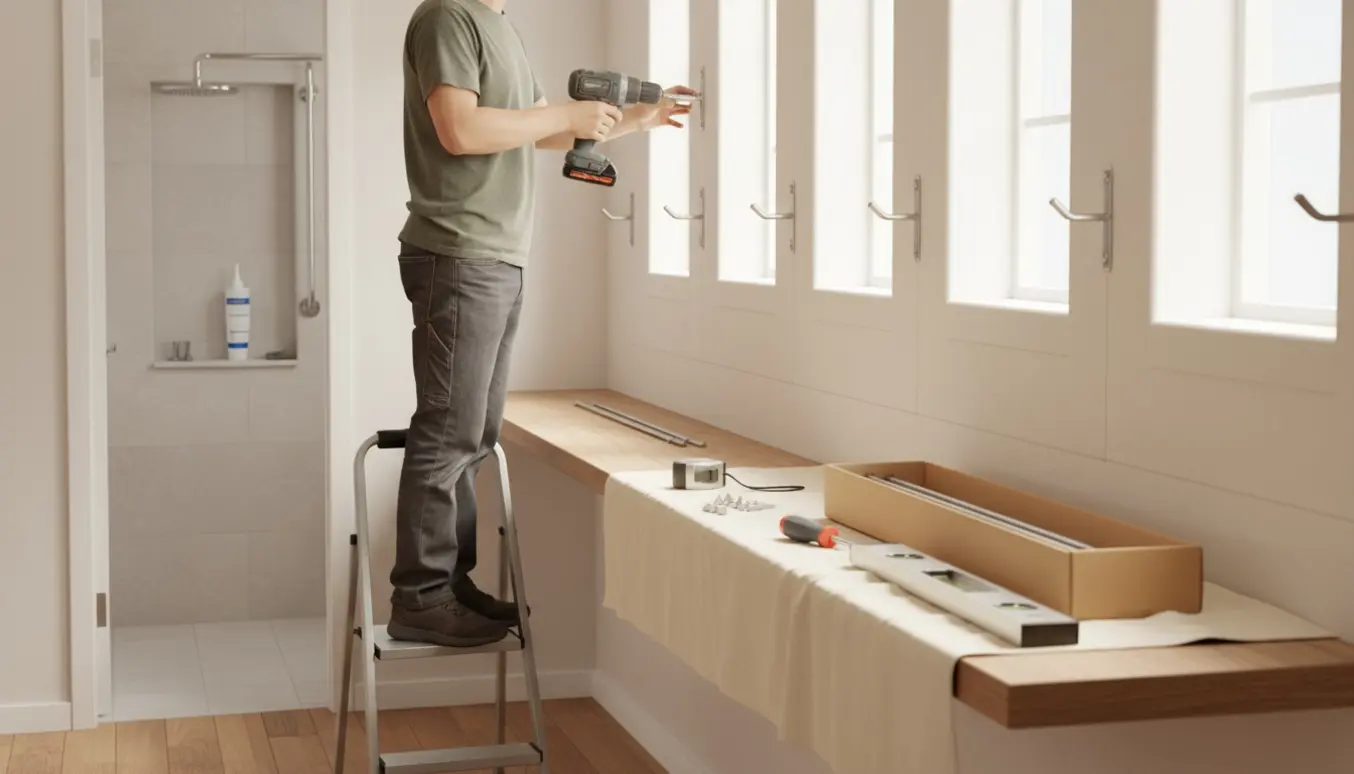 Hænder monterer gardinstang over vindue i et lyst rum, med en L-formet bruseforhangsstang synlig i badeværelset.