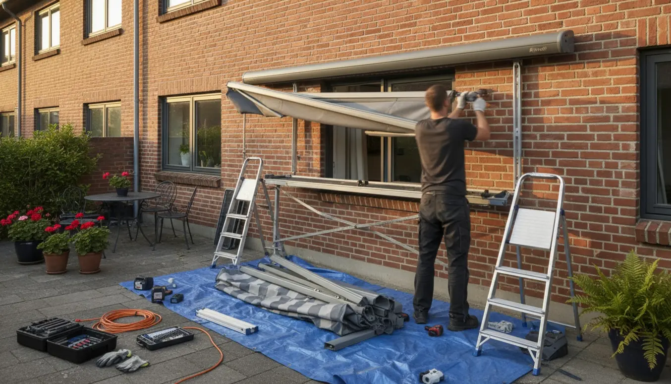 To montører monterer en ny motoriseret grå markise på en rød murstensfacade med værktøj og stiger, ansigter ikke synlige.
