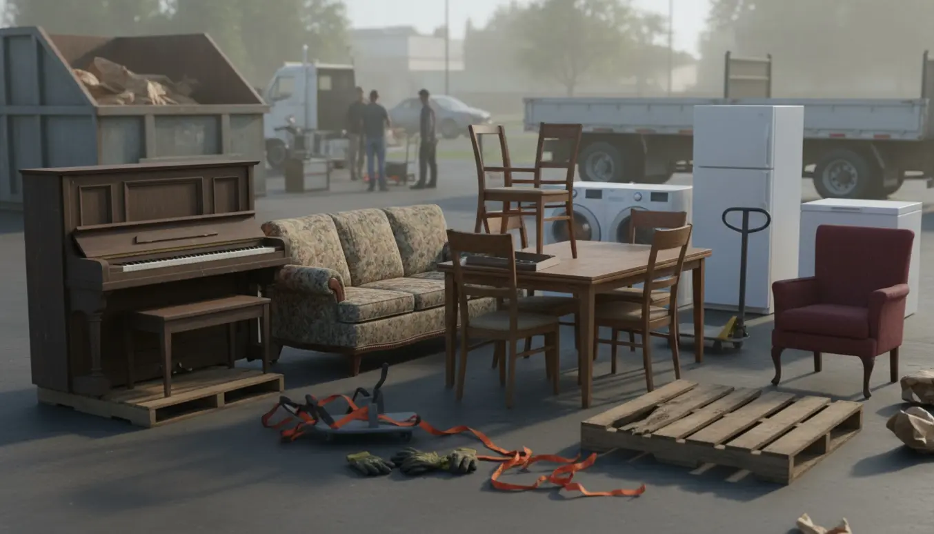 Møbler og husholdningsapparater stablet klar til aflevering på en genbrugsstation.