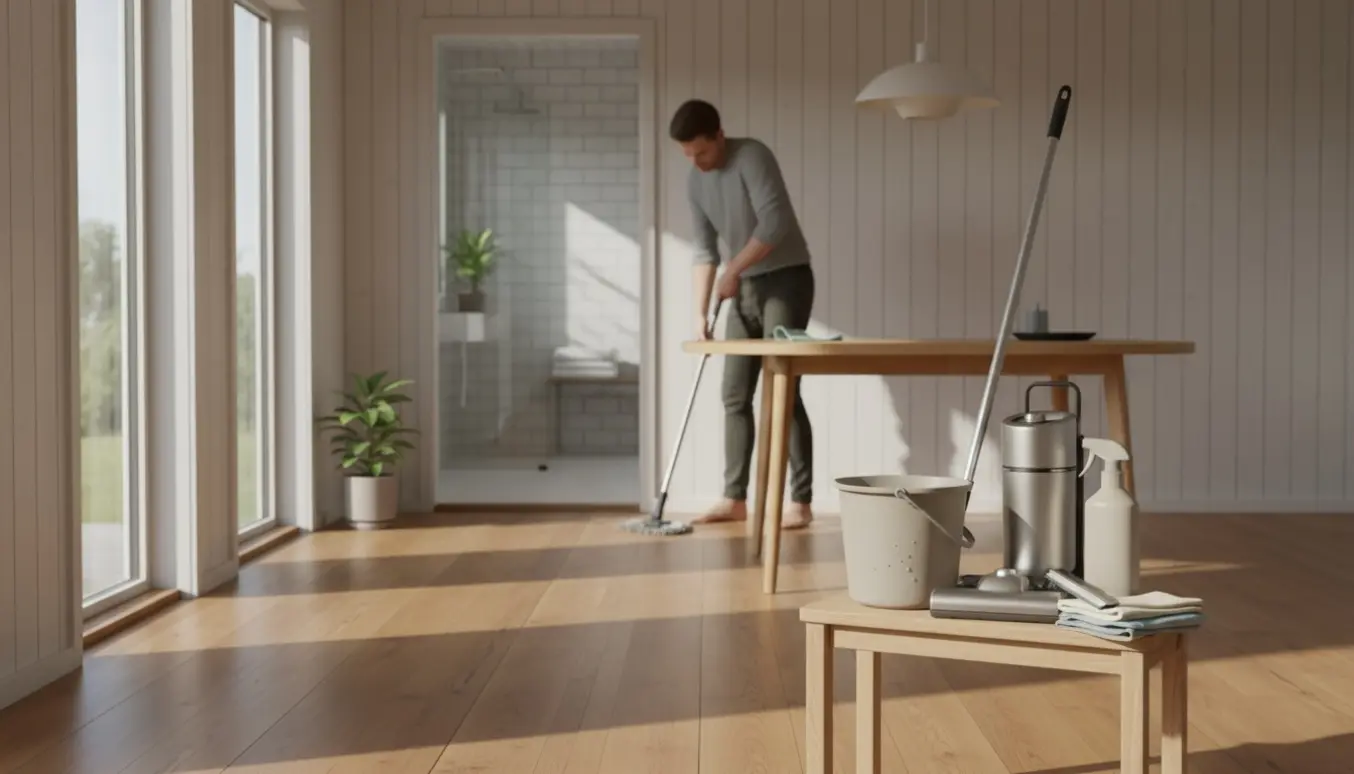 Rengøring i et lyst sommerhus med hænder, der pudser et træbord og et skinnende badeværelse i baggrunden.