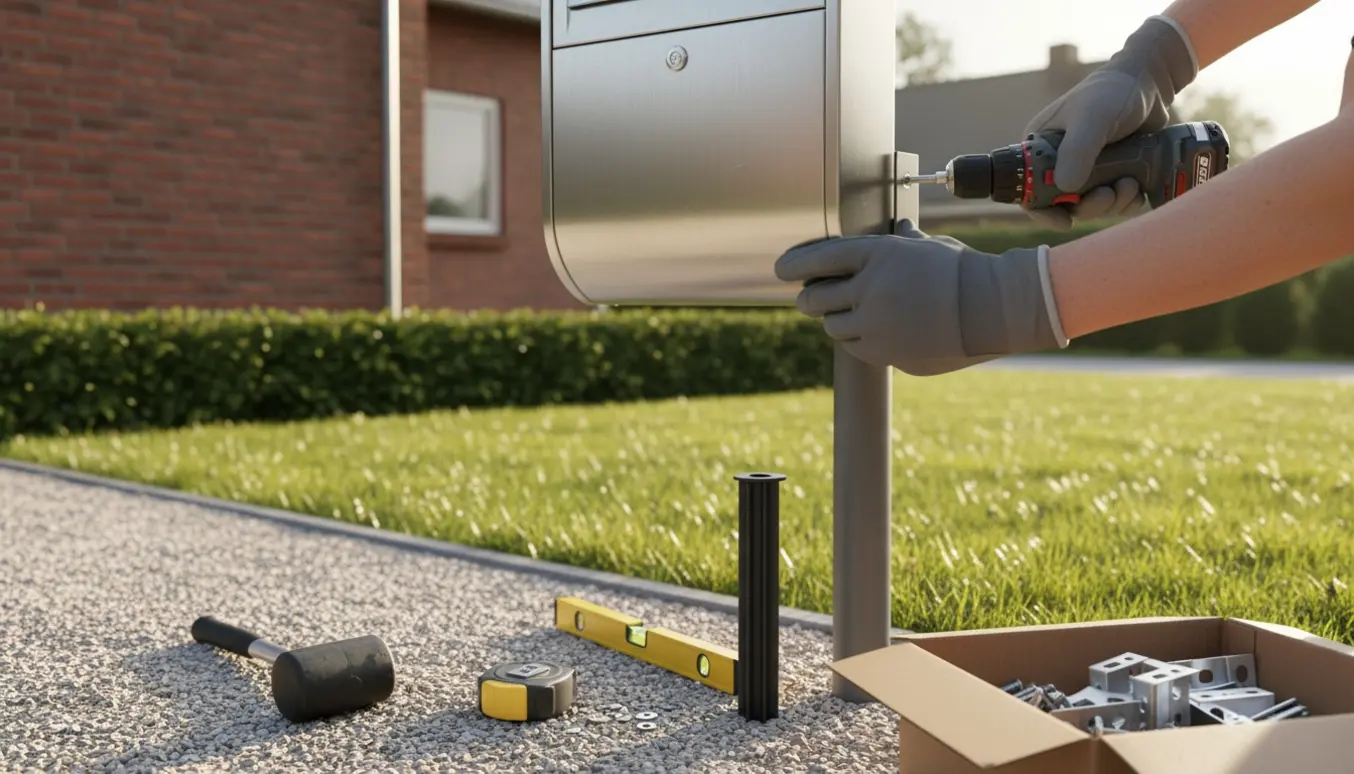 Ny Mefa-postkasse monteres på jordspyd i forhaven med værktøj omkring.