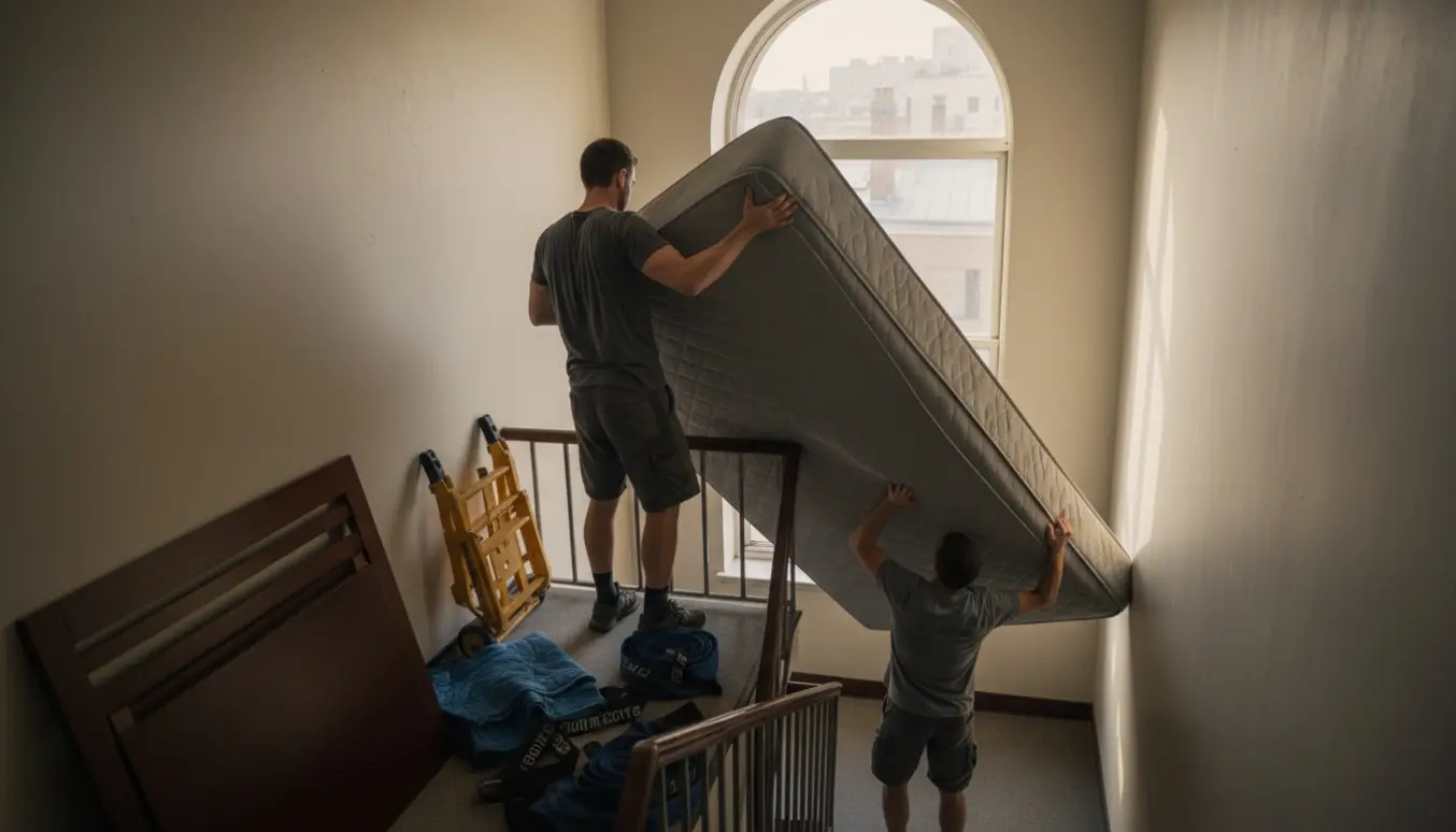 To flyttefolk bærer en stor madras pakket ind og drejer den rundt om en trappeopgang i en lejlighed på fjerde sal.
