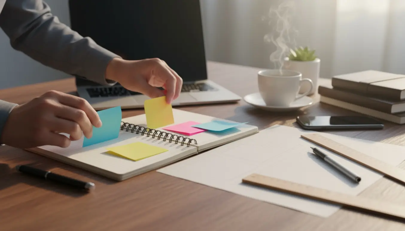 Nærbillede af hænder, der arrangerer blanke post-it-noter på et soloplyst skrivebord med notesbog, bærbar og kaffekop.