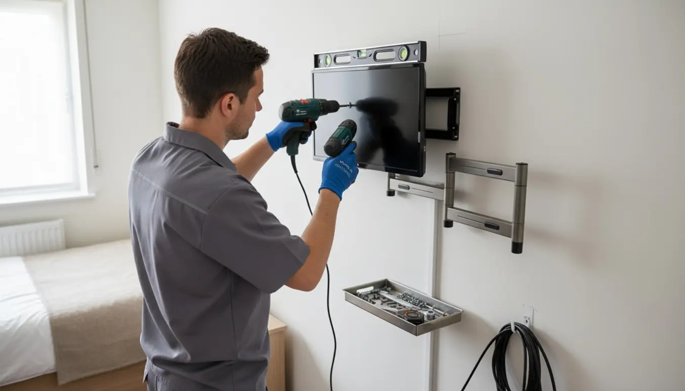 Montør monterer et lille fjernsyn på en gipsvæg i et plejehjemsværelse med værktøj og kabelstyring.