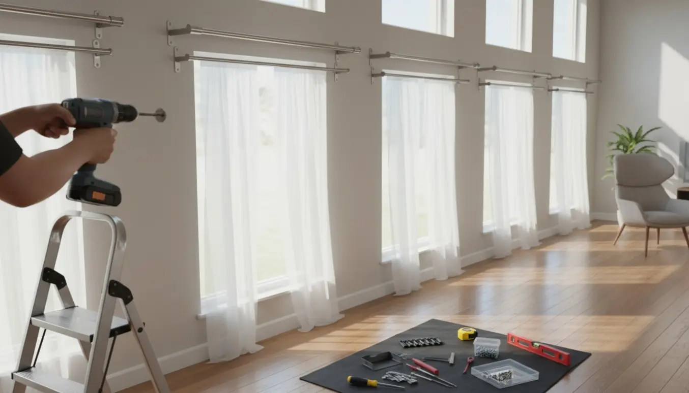Hænder monterer gardinstang og beslag over vinduerne med værktøj på gulvet.