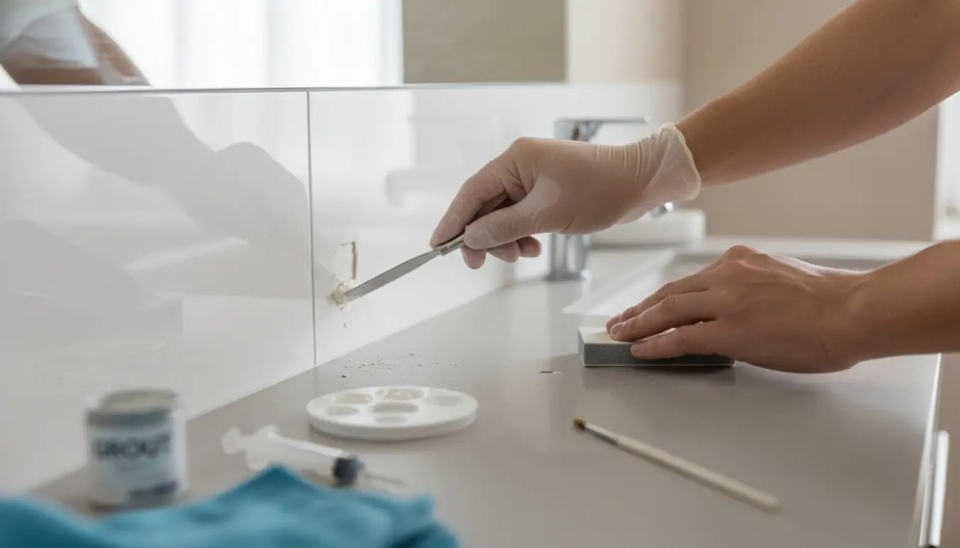 Nærbillede af hænder, der reparerer små huller i fliser og bordplade på et lyst badeværelse.