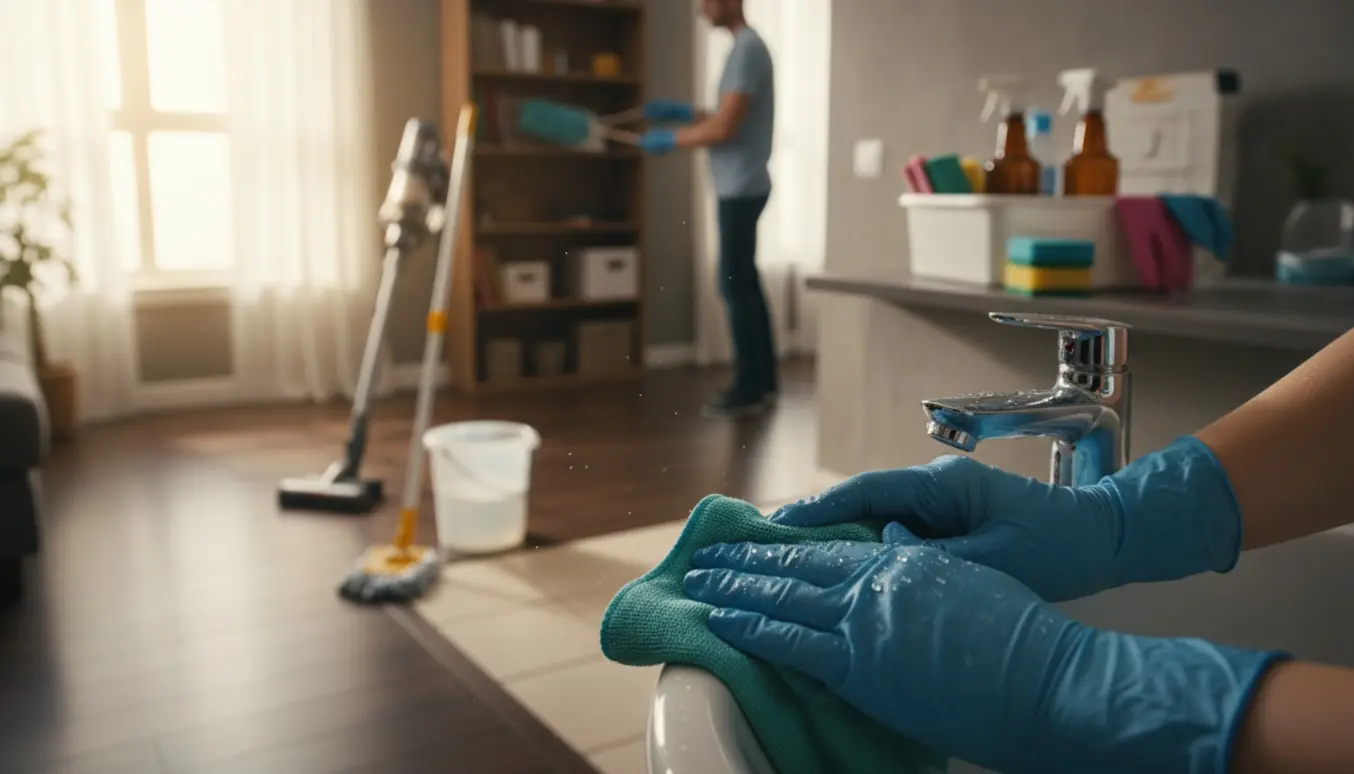 Nærbillede af rengøringshandsker, der tørrer en kromarmatur af med mikrofiberklud i et lyst hjem, med støvsuger og moppe i baggrunden.