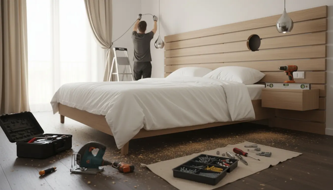 Installatør monterer træpanel-sengegavl, lamper og gardiner i lyst soveværelse med værktøj og savsmuld synligt.