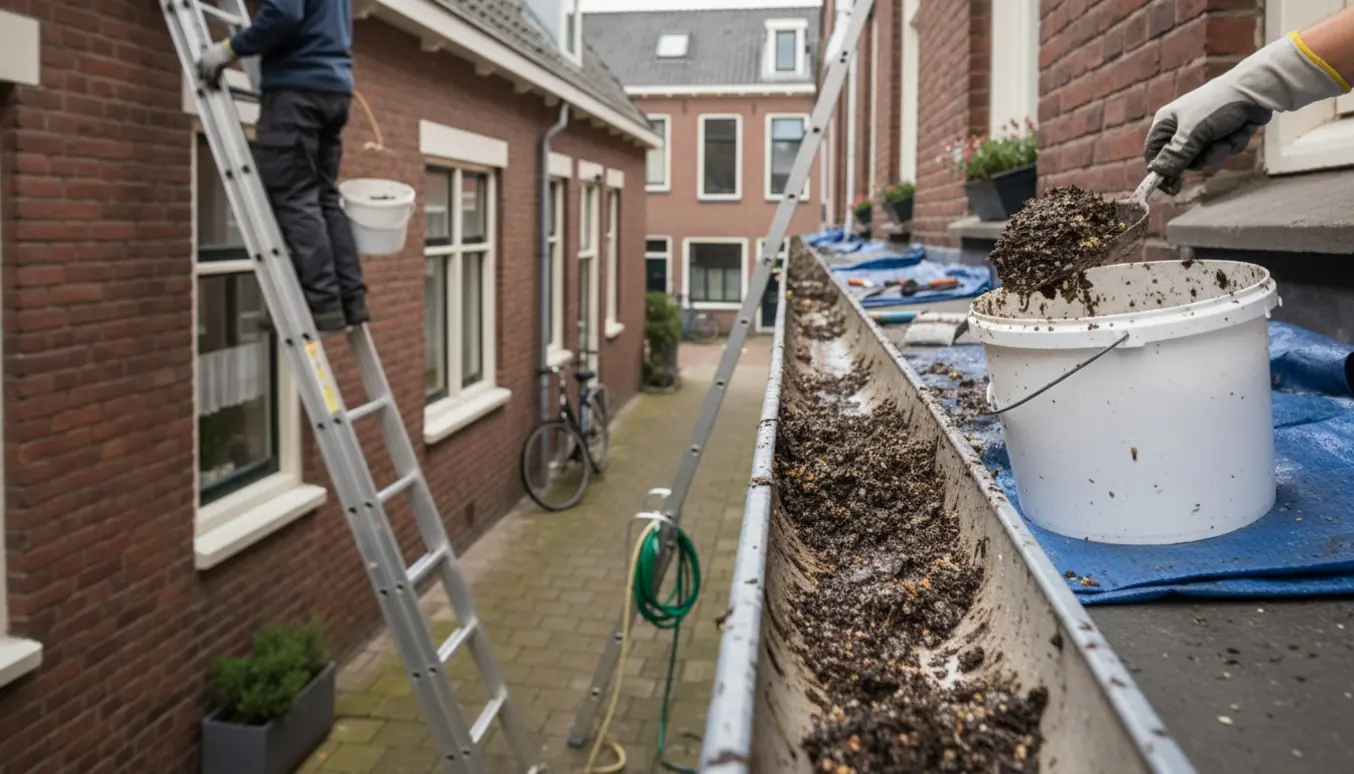 To personer tømmer tilstoppede tagrender på hver sin stige ved et byhus, mens mudder og blade samles i spande.