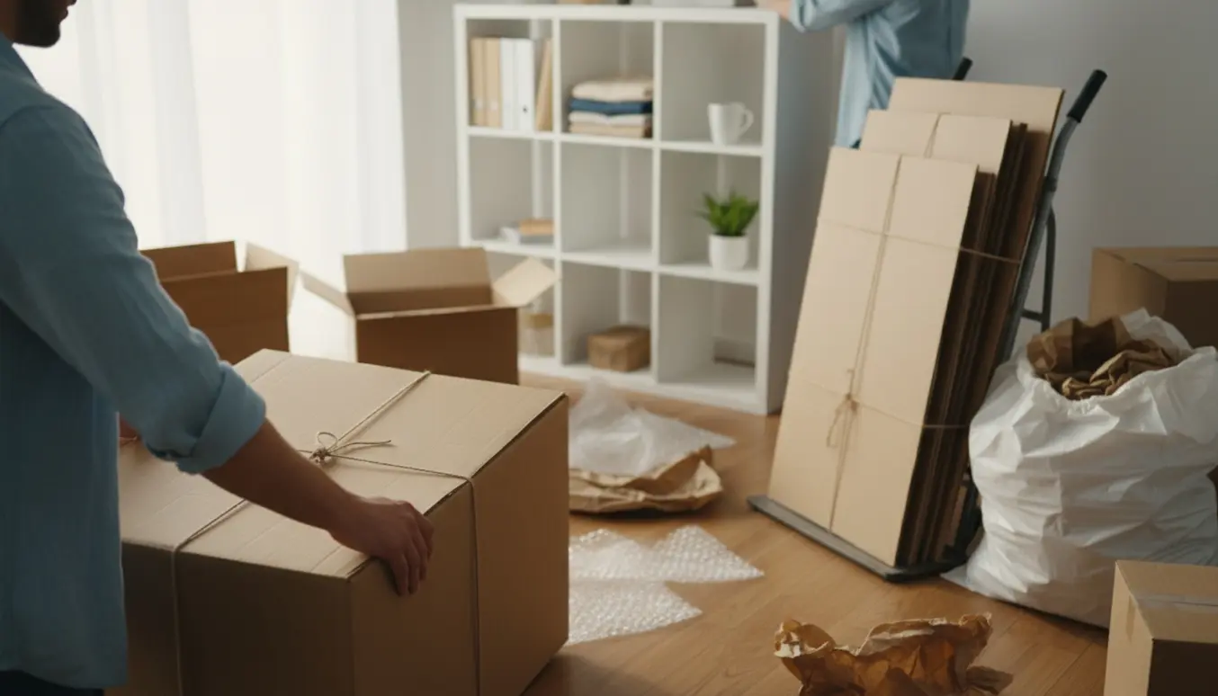 Hænder folder tomme flyttekasser i en lys stue med pap og en sæk klar til bortkørsel.