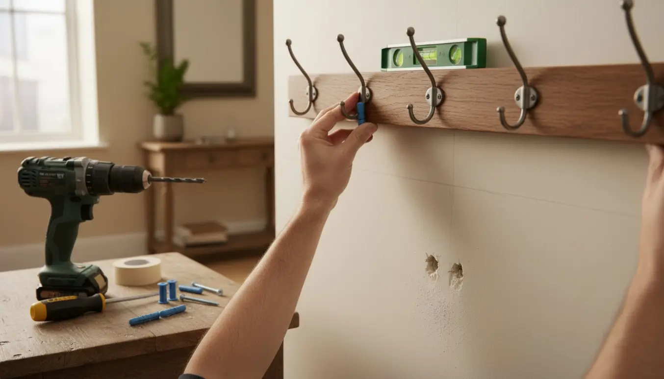 Hænger en knagerække op på væg med nye større pløkker og værktøj i naturligt lys.