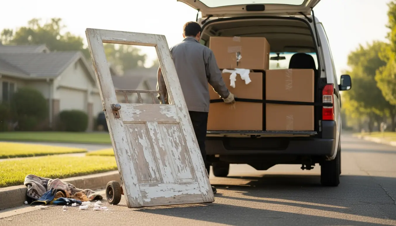En person læsser en dør og to papkasser i en varebil ved fortovet på en solrig morgen.