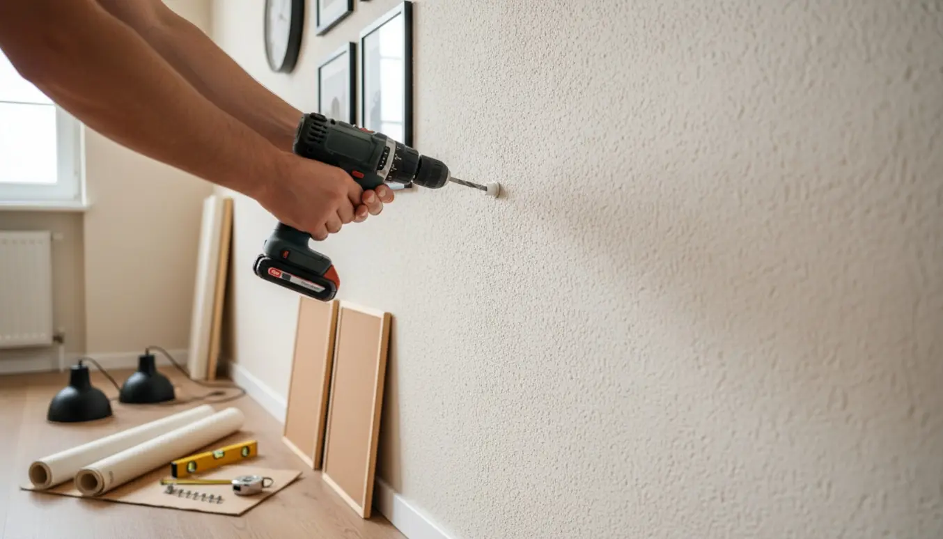 Hænder der hænger lette billeder og lamper på en hård væg med værktøj og rullegardiner i nærheden.