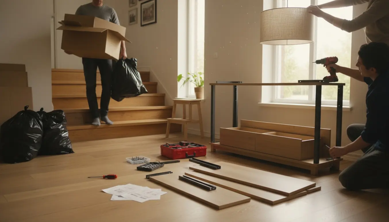 Et entréområde hvor pap og affald bæres ned, et entre-møbel samles og en lampeskærm monteres.