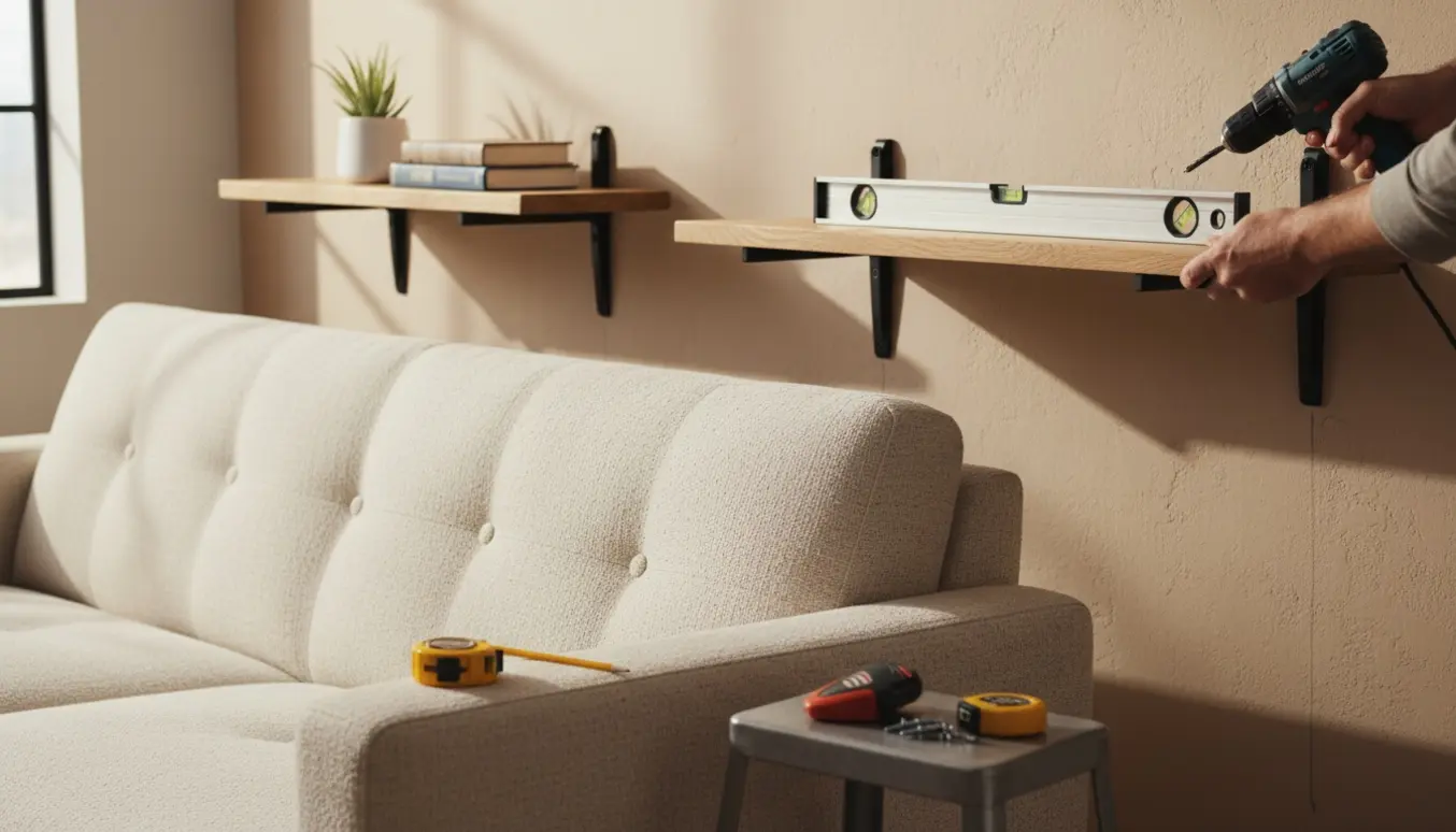 Hænder monterer en træhylde på væggen ved siden af en sofa, med værktøj og en færdigmonteret hylde på den anden side.