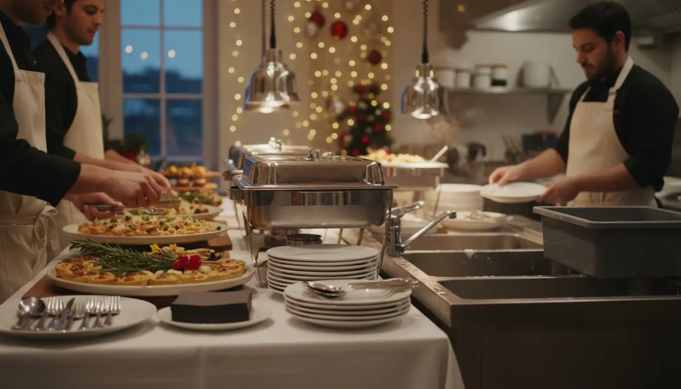 To personer uden tydelige ansigter anretter mad ved et buffetbord, mens opvask og oprydning foregår i baggrunden.