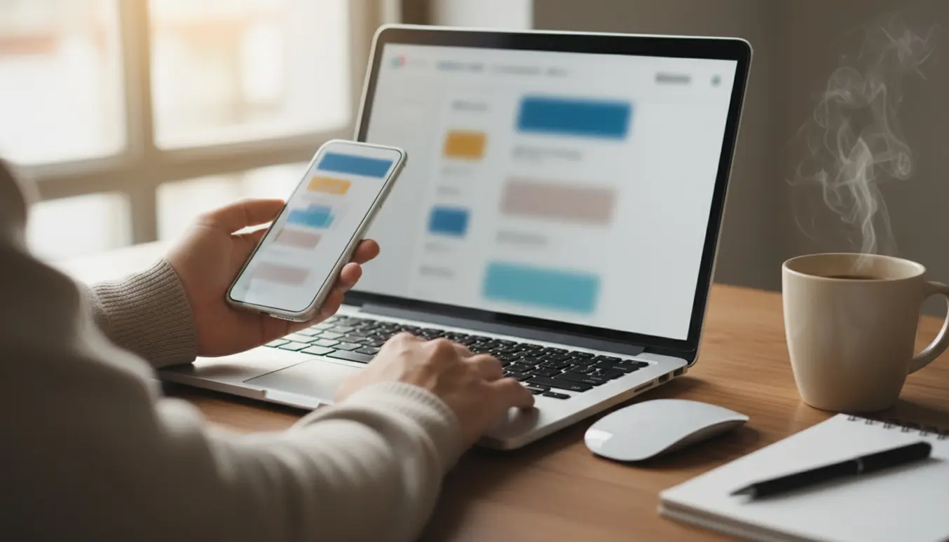 Hænder rydder op i e-mails på en bærbar og smartphone ved et ryddeligt skrivebord.