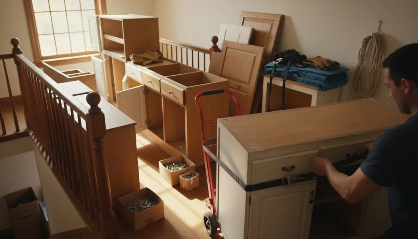 Stakke af skabe på en trappe og repos klar til bortskaffelse med flyttevogn, stropper og beskyttelsesstæpper.