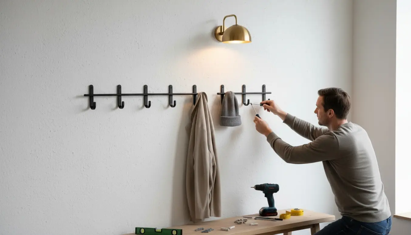 Væglampe monteret over fem knager i en entré, hænder med værktøj i fokus.