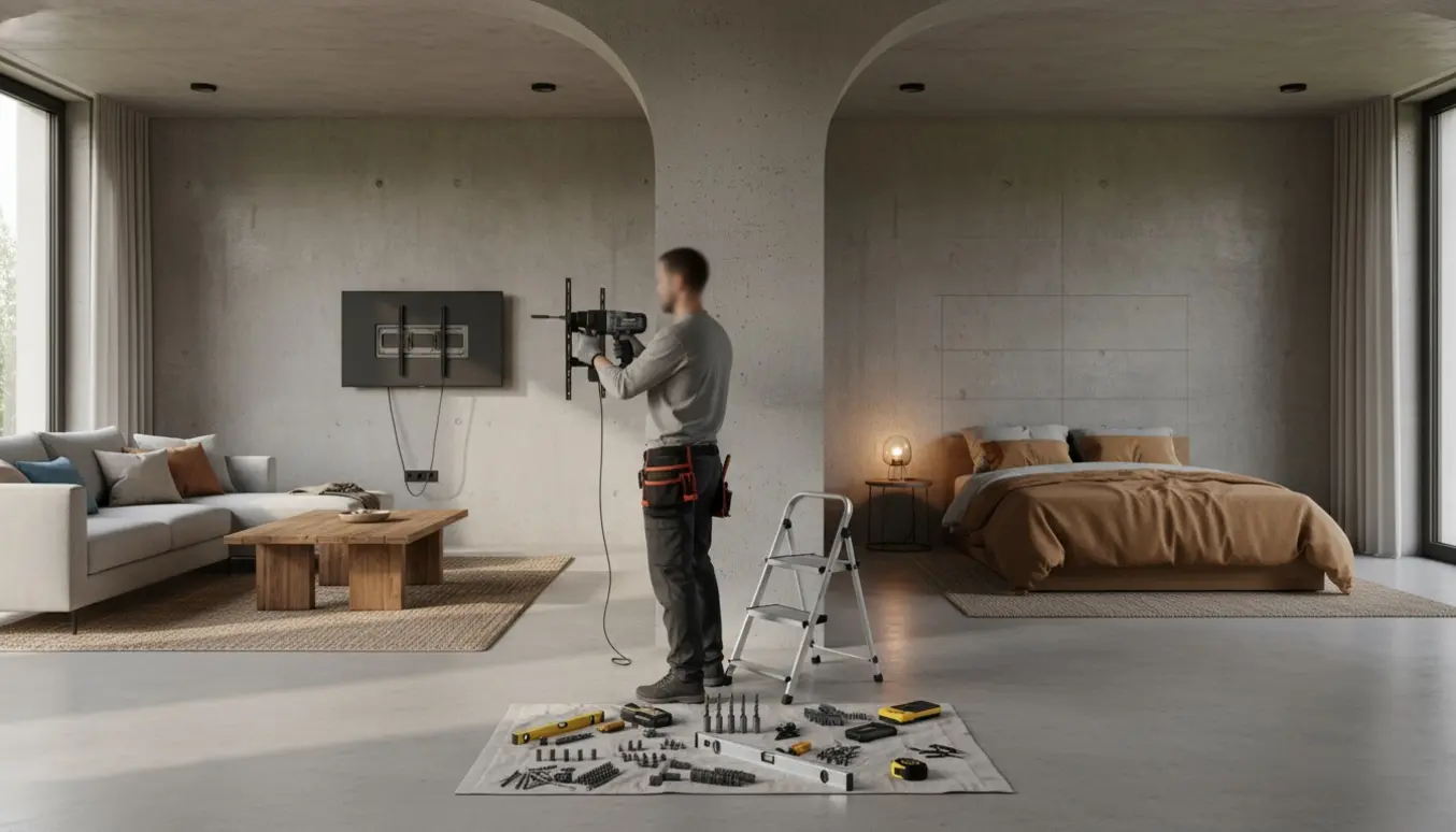 Håndværker monterer to TV-vægbeslag på betonvægge i stue og soveværelse.