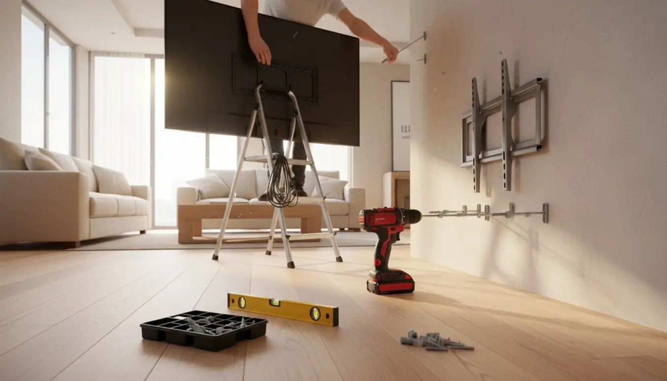 Nærbillede af hænder, der monterer et 55 tommer fladskærms-tv på en væg med beslag, rawlugs og værktøj.