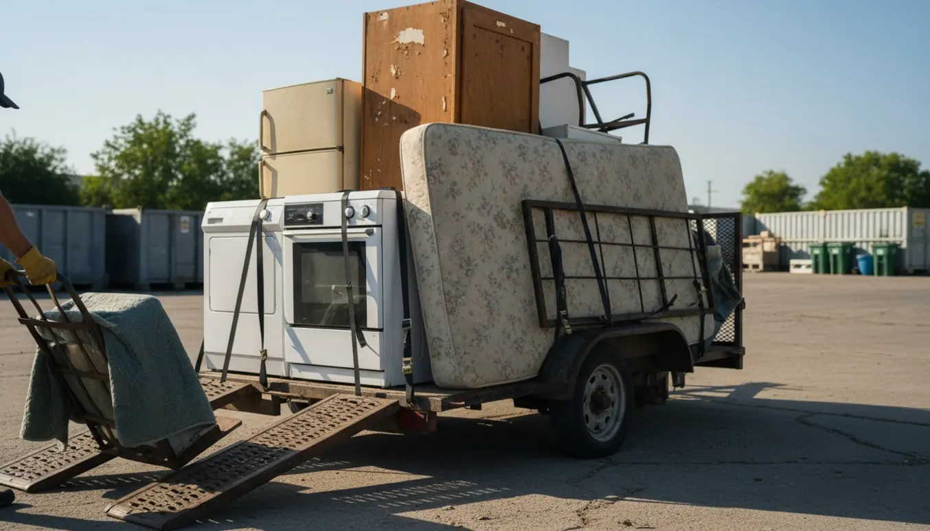 Gamle møbler og hårde hvidevarer læsses på en trailer med sækkevogn og flyttetæpper ved en genbrugsstation.