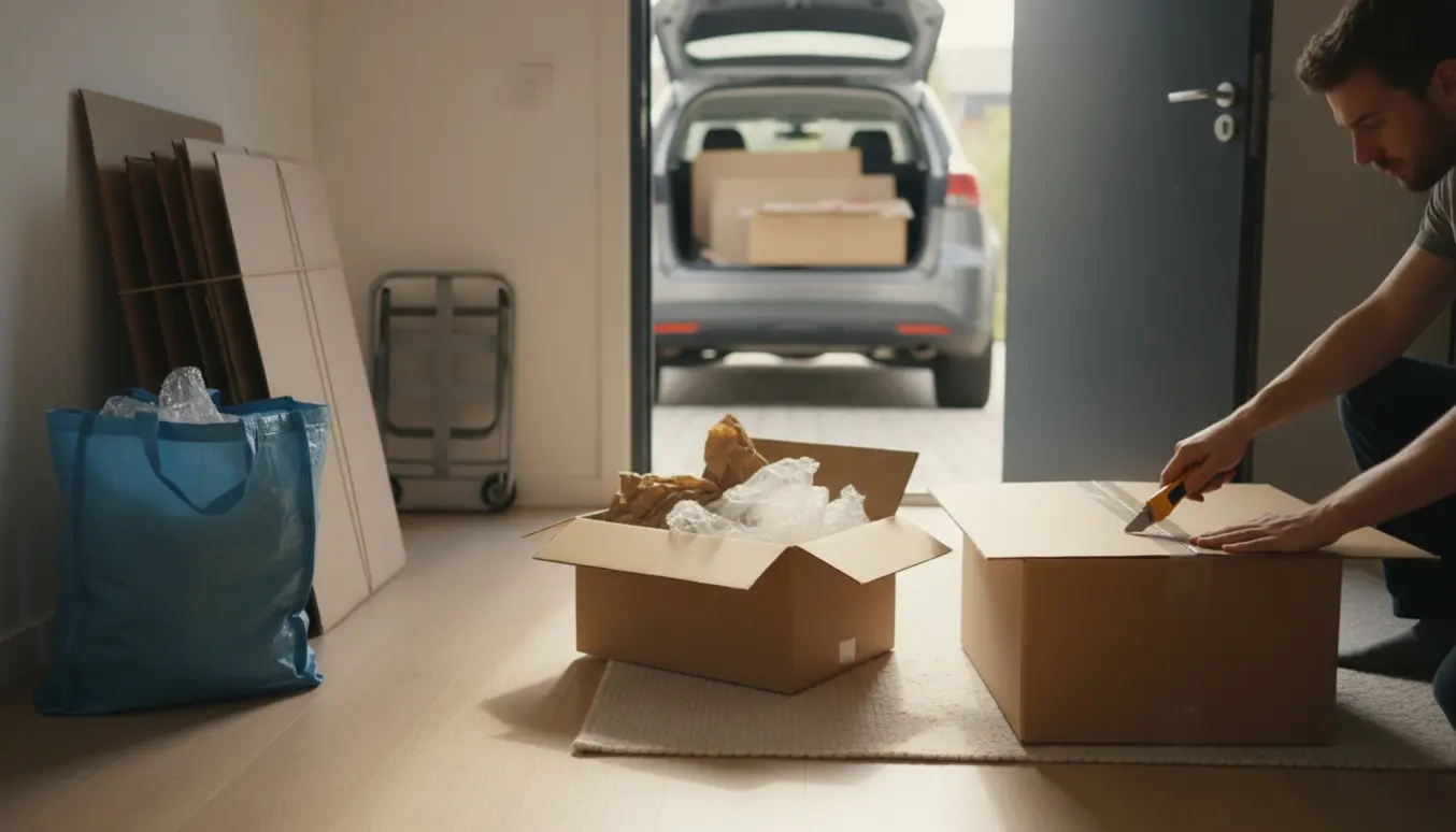 Hænder folder papkasser og samler leveringsaffald til genbrug i en entré.