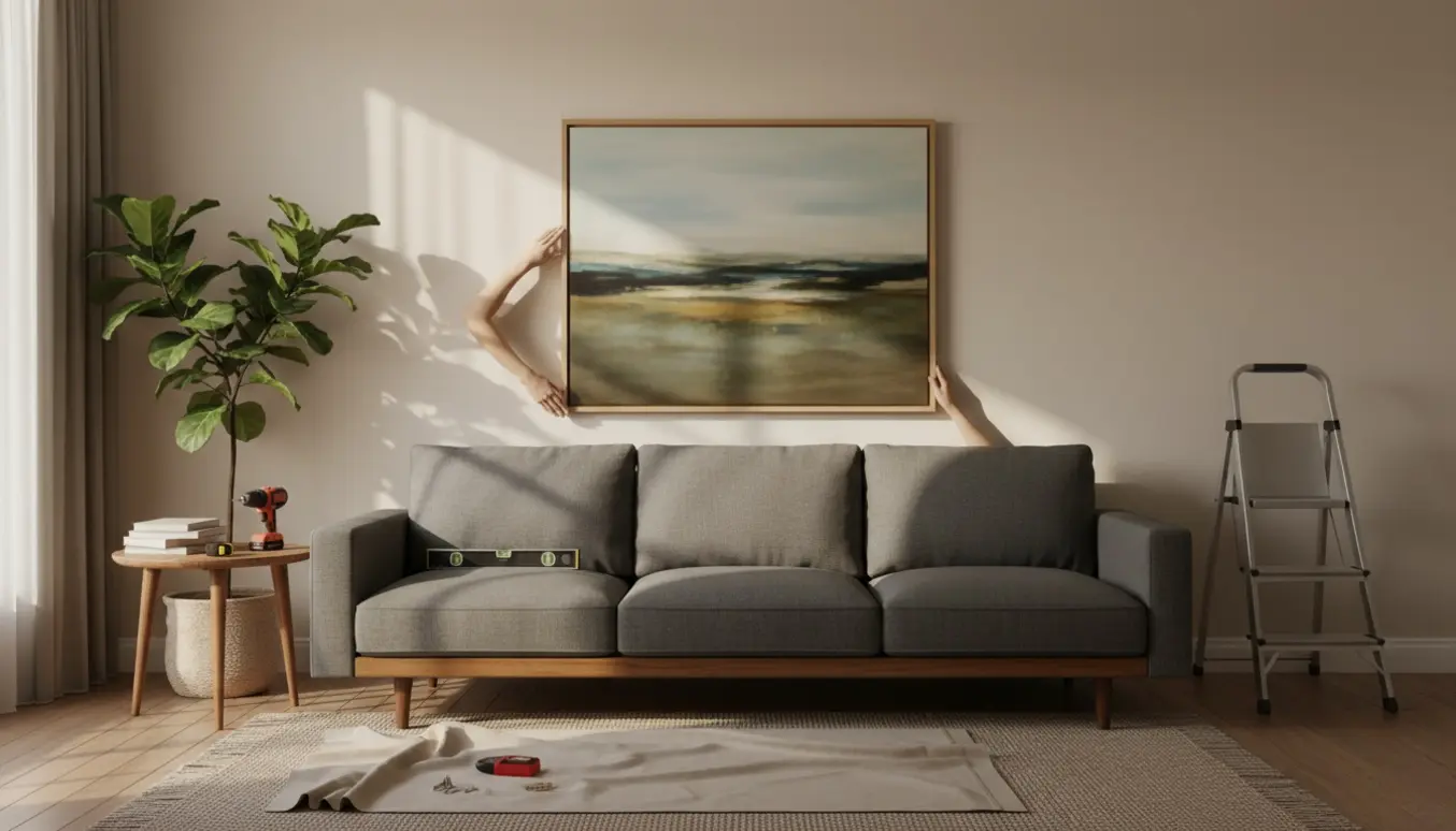 Hænger et stort indrammet maleri over en sofa med måleværktøj og vaterpas i naturligt lys.