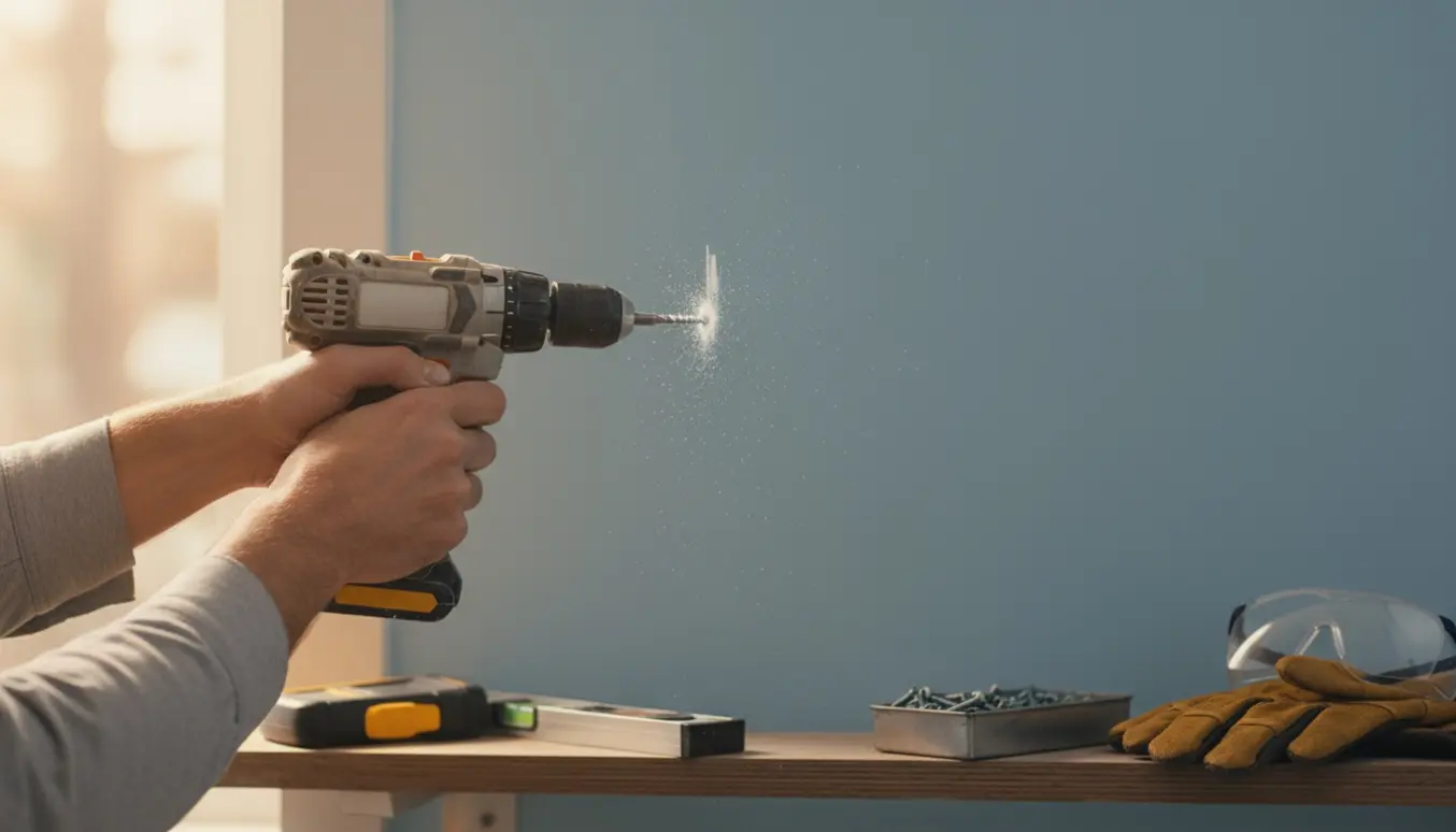 Hænder bruger en trådløs boremaskine til at sætte én skrue i en indendørs malet væg.