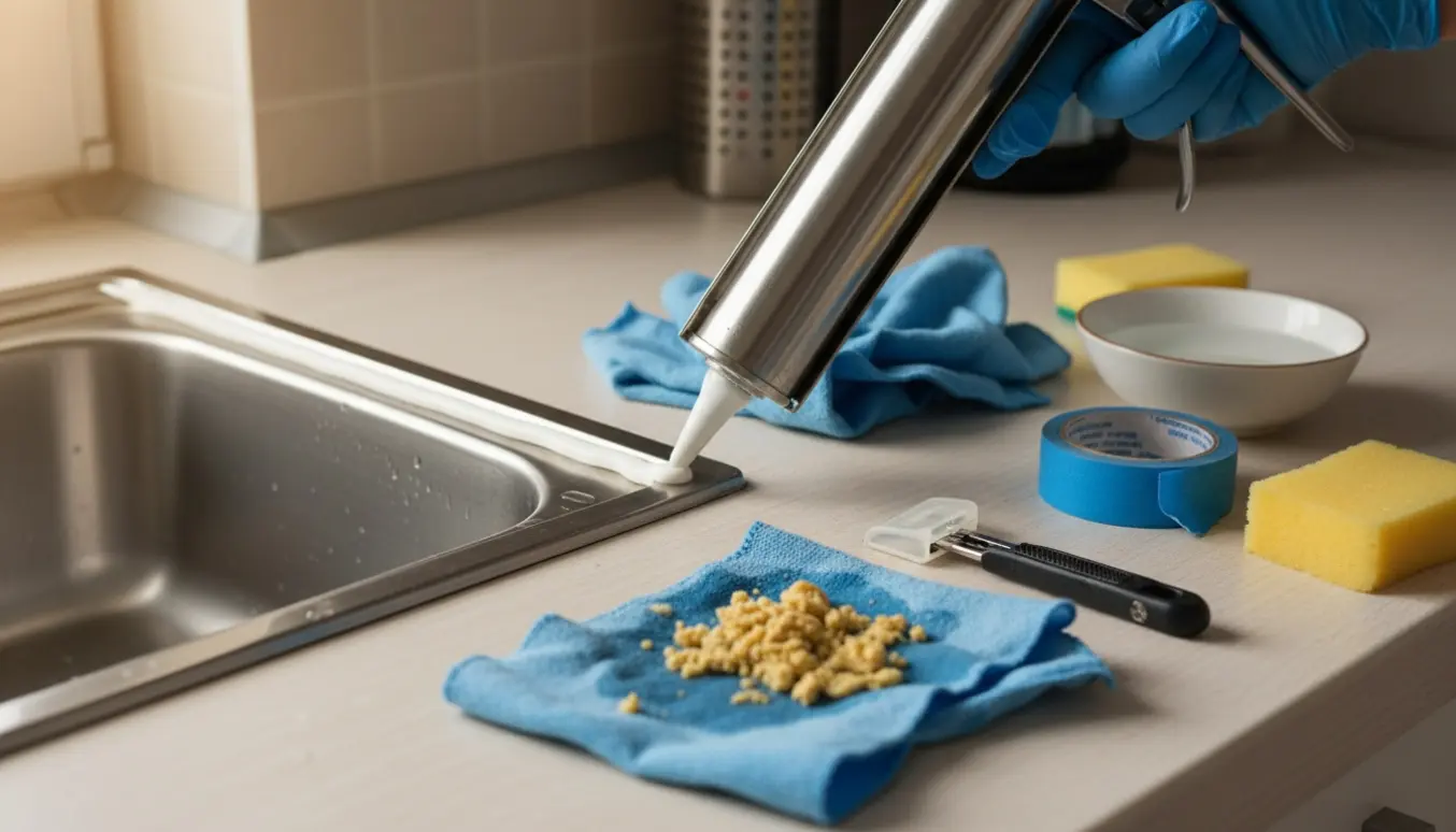 Nærbillede af en hånd, der lægger en frisk silikonfuge bag en køkkenvask med fugepistol og værktøj.