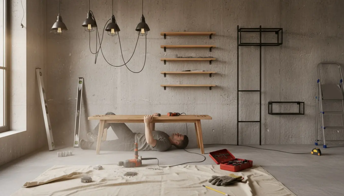 Betonvæg med lamper og billedhylder under ophængning, mens en bænk skilles ad med skruemaskine.