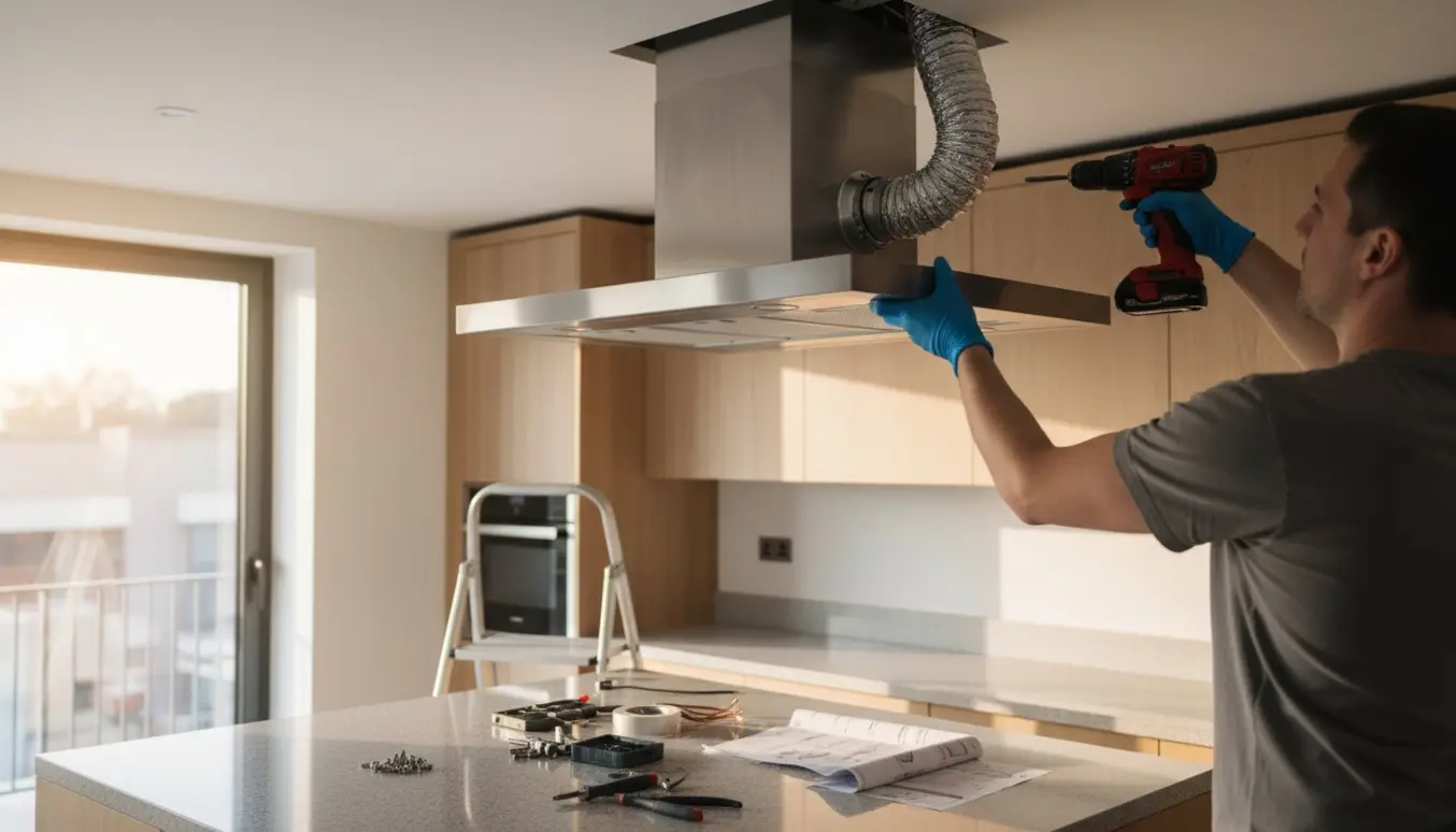Montering af en loftsmonteret emhætte i et moderne køkken med værktøj og hænder i arbejde.