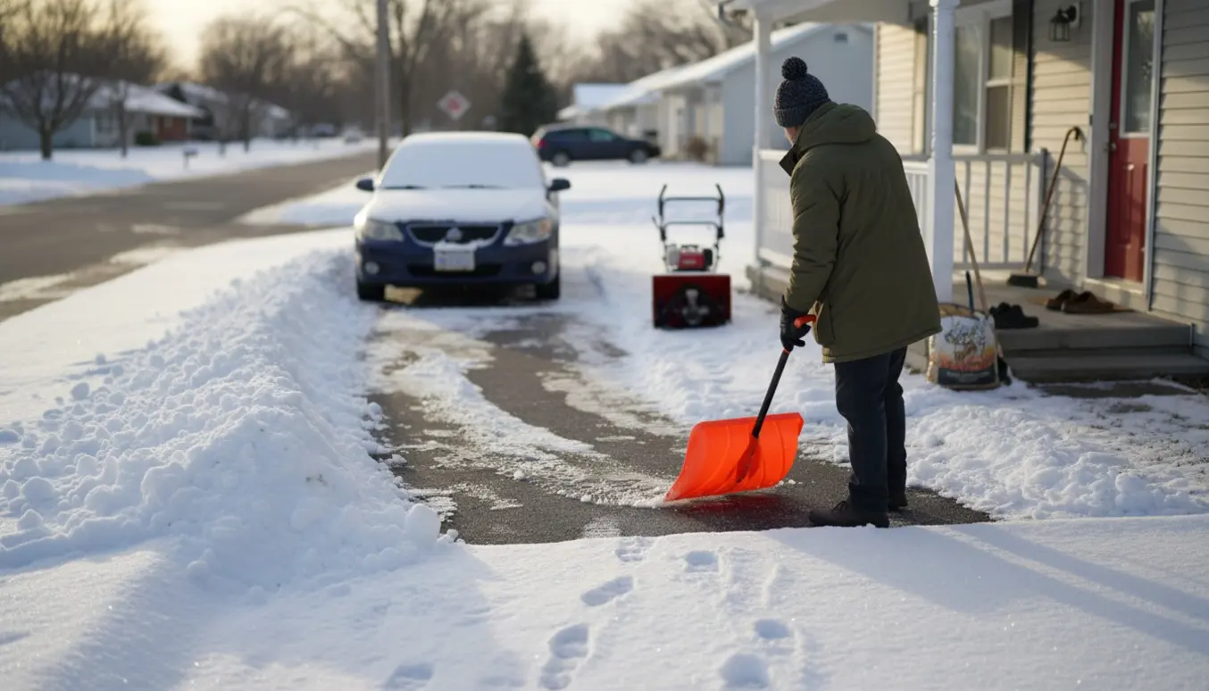 En person skovler sne fra indkørsel og villavej foran et parcelhus for en ældre dame.